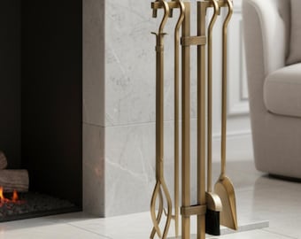 Conjunto de utensílios para lareira com acabamento em latão antigo – 5 peças, utensílios modernos para lareira com suporte, 81 cm de altura, acessórios de luxo para lareiras internas.