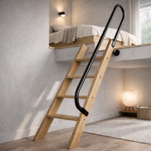 May include: A wooden ladder with a black handrail leads to a raised bed platform. The ladder has light brown wooden steps and a curved black metal handrail for support. The bed is covered with neutral-colored bedding.