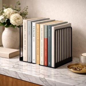 Black metal bookend for shelves, modern minimalist book lover gift holding hardcover novels, stylish steel bookend for home library, bookshelf decor, reader gift, contemporary interior styling