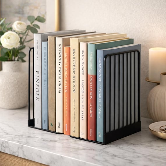 Modern Black Metal Bookends – Minimalist Heavy Book Organizer, Contemporary Bookshelf Decor, Book Lover Gift