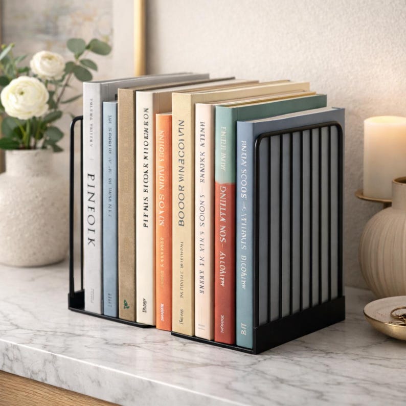 Black metal bookend for shelves, modern minimalist book lover gift holding hardcover novels, stylish steel bookend for home library, bookshelf decor, reader gift, contemporary interior styling