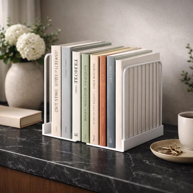 May include: A white metal bookend holding a collection of books with various colored spines. The books are arranged on a dark countertop, with a vase of white flowers in the background.