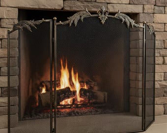 Mampara de metal ornamentada para chimenea, tradicional de 3 paneles, antichispas