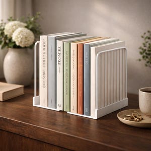 May include: A white metal bookend holds a collection of books with various colored spines. The bookend has a vertical bar design on one side. The books are on a dark wooden surface, with a vase of white flowers in the background.