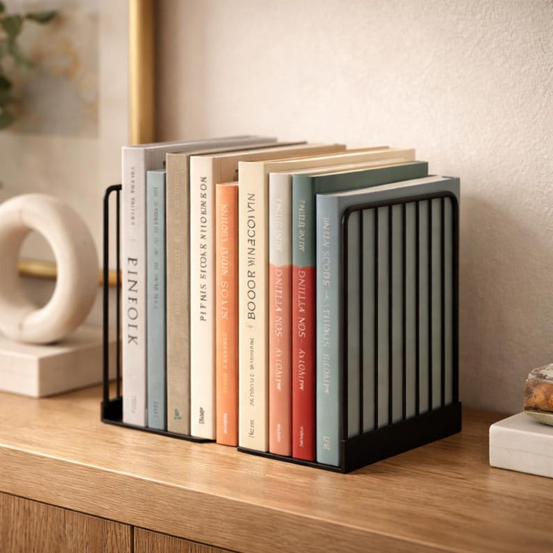 Black metal bookend for shelves, modern minimalist book lover gift holding hardcover novels, stylish steel bookend for home library, bookshelf decor, reader gift, contemporary interior styling