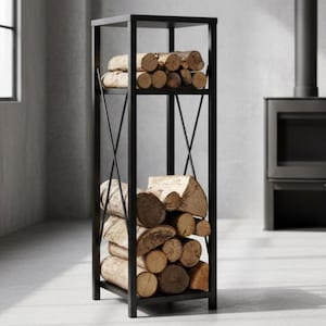 May include: A black metal log store with two shelves, filled with stacked logs. The rack has an open design with an X-shaped support on the sides. The logs are various sizes and shapes, with visible wood grain.