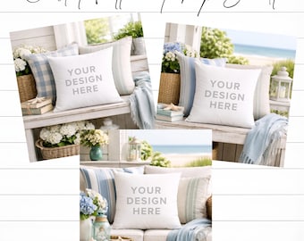 Paquete de maquetas de almohadas costeras: maqueta de almohada cuadrada blanca, maquetas de almohadas de estilo costero, maquetas de almohadas de verano, maquetas de almohadas blancas POD
