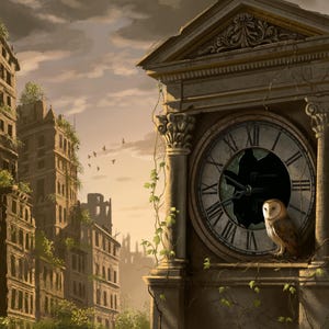 Regal Barn Owl Clock Tower Print, Post-Apocalyptic Ruin Art (20"x20")