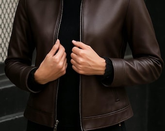 Brown Leather Jacket – Women's Slim Fit Zip-Up Coat, Minimalist Style