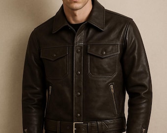 Men’s Genuine Leather Trucker Jacket – Dark Brown Belted Design