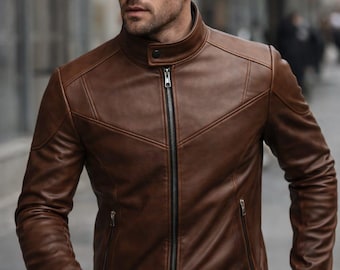 Men's Brown Genuine Leather Cafe Racer Jacket | Slim Fit Biker Style