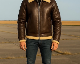 Men's Brown Genuine Leather Aviator Jacket - Shearling Collar Winter Coat