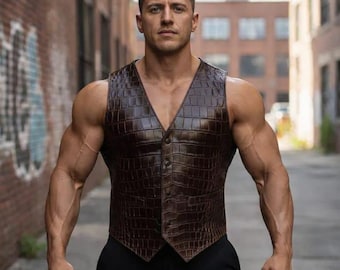 Men's Brown Crocodile Embossed Genuine Leather Vest | Handmade Waistcoat