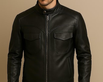 Men’s Black Leather Biker Jacket – Slim Fit Moto Jacket