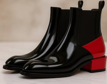 Black Patent Leather Ankle Boots with Red Block Heel | Modern Chelsea Style Boots