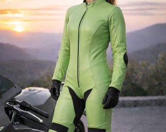 Women's Light Green Kangaroo Leather Motorcycle Racing Suit, Custom MotoGP Biker Gear, CE Armor