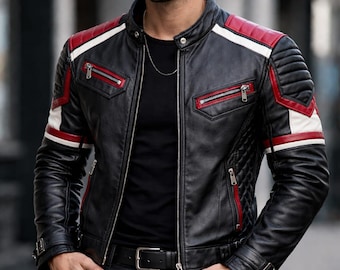 Handmade Black Leather Biker Jacket | Men's Racing Moto Jacket