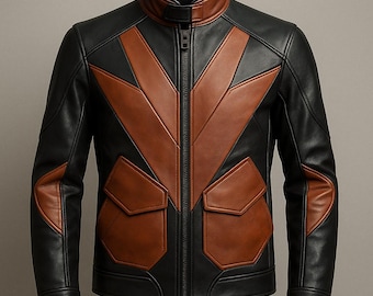 Lenvor Black & Brown Geometric Leather Biker Jacket – Handmade Genuine Leather