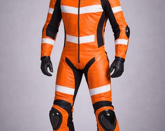 Men's Orange Kangaroo Leather Motorcycle Racing Suit | High-Visibility MotoGP Biker Gear (Made to Measure)