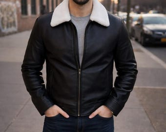 Handmade Black Leather Aviator Jacket | Shearling Collar, Slim Fit