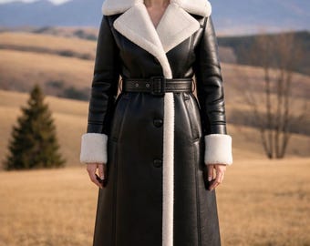 Belted Faux Leather Shearling Coat - Women's Winter Trench Coat