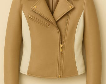 LENVOR Women’s Two-Tone Beige Leather Jacket – Handmade Genuine Lambskin