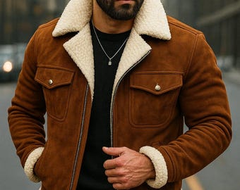 Handmade Brown Suede Shearling Aviator Jacket