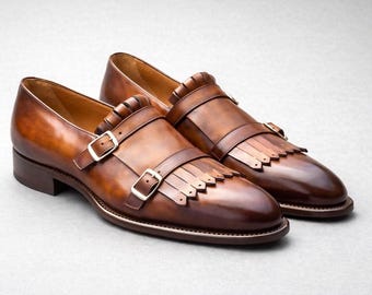 Handmade Brown Leather Double Monk Strap Shoes | Fringe Detail