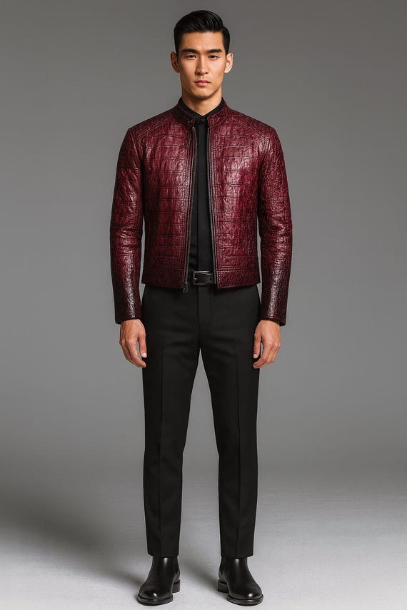 Men's Burgundy Genuine Leather Quilted Slim Fit Jacket