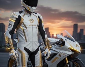 Traje de motociclista de cuero blanco y dorado personalizado / Equipo de motociclista blindado