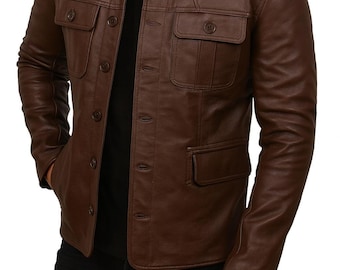 Men’s Genuine Leather Trucker Jacket – Slim Fit Brown Leather