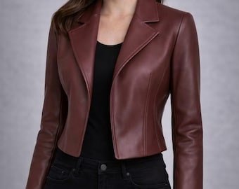 Burgundy Leather Blazer | Women's Slim Fit Cropped Jacket