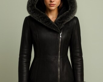 Faux Leather Hooded Coat - Black Fur Trim Winter Jacket