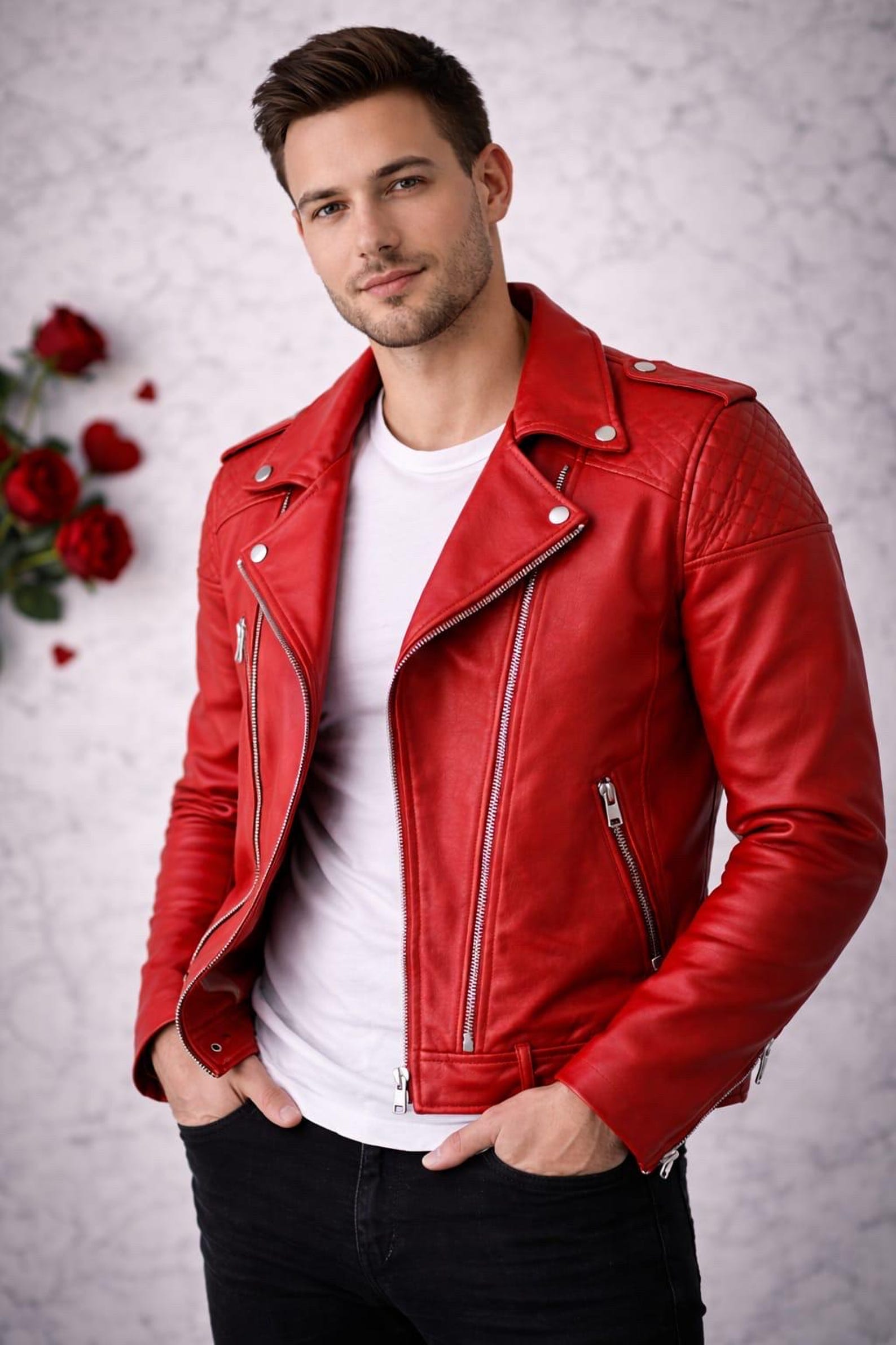 Red 2834 Men's Red Lambskin Leather Biker Jacket – Slim Fit Motorcycle Style - Etsy