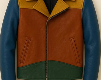 Handmade Color Block Lambskin Leather Biker Jacket