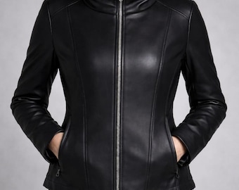 Handmade Black Leather Jacket | Women's Slim Fit Sherpa Coat