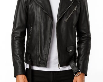 Men's Black Genuine Leather Biker Jacket - Slim Fit Moto Jacket
