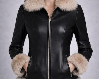 Black Leather Jacket with Faux Fur Trim | Slim Fit Winter Coat