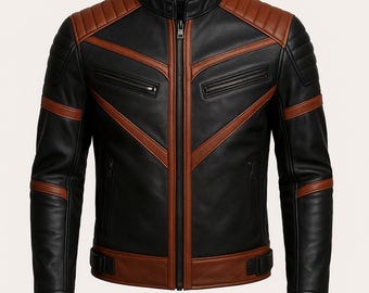 Lenvor Black & Brown Biker Leather Jacket – Handmade Genuine Leather Motorcycle Coat