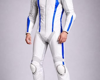 Custom Kangaroo Leather Motorcycle Racing Suit | White Blue MotoGP Biker Gear, CE Armor