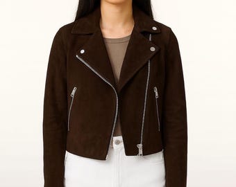 Chocolate Brown Suede Biker Jacket – Women's Cropped Moto Style