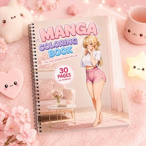 Peut inclure: Un livre de coloriage Manga à reliure spirale de 30 pages. La couverture présente un personnage blond en haut court blanc et short rose, avec le texte 'MANGA COLORING BOOK', 'Color, Create, Bring your Kawaii world to life!' et '30 PAGES ALL IN ENGLISH'.
