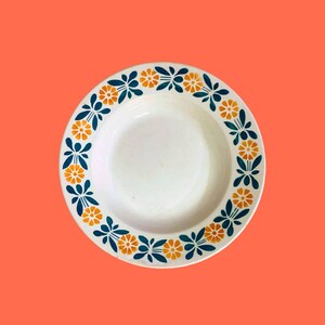 Può includere: Piatto in ceramica bianca con un motivo floreale. Il bordo presenta un motivo ripetuto di fiori arancioni e gialli con foglie verde acqua. Il piatto è centrato su uno sfondo arancione.