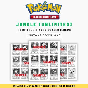 May include: A digital download featuring Pokemon Trading Card Game "Jungle (Unlimited)" printable binder placeholders. The image includes multiple sheets of cards with the word "SAMPLE" printed across them. The Pokemon logo and text are at the top.