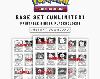 May include: A white background features a "Pokémon Trading Card Game" logo above a "Base Set (Unlimited)" title. The image displays printable binder placeholders with "Instant Download" text. Several sample cards are visible, and the text states it includes all 102 cards.
