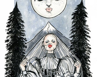 May include: A watercolor illustration of a woman wearing a veil and a black corset, standing in front of a mountain with a full moon in the background. The moon has a face with closed eyes and a nose ring.