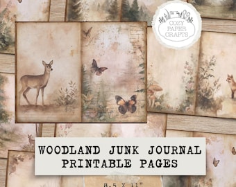 Woodland Forest Junk Journal Pages, Vintage Nature Printable Scrapbook Paper Pack with Forest Ephemera, Mushroom, Botanicals and Animals,