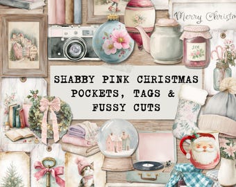 Puede incluir: Un collage de objetos efímeros vintage con temática navideña. Incluye arte enmarcado, adornos, una cámara, una bola de nieve y una taza de Papá Noel. Se muestra el texto "SHABBY PINK CHRISTMAS POCKETS, TAGS & FUSSY CUTS".