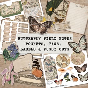 Könnte beinhalten: Eine Sammlung von Papieren zum Thema Schmetterlinge, darunter Taschen, Tags, Etiketten und filigrane Schnitte. Die Artikel zeigen Schmetterlingsillustrationen, florale Designs und Text im Vintage-Stil. Die Farbpalette umfasst Beige, Braun, Grün und einen Hauch von Blau und Orange.