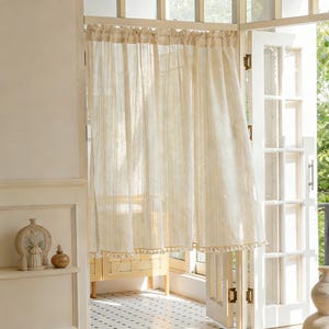 Japansk Wabi-sabi dörrgardin i bomullslinne, tofsfransar i shabby chic-stil, anpassad storlek, transparent boho köksfönsterdekor